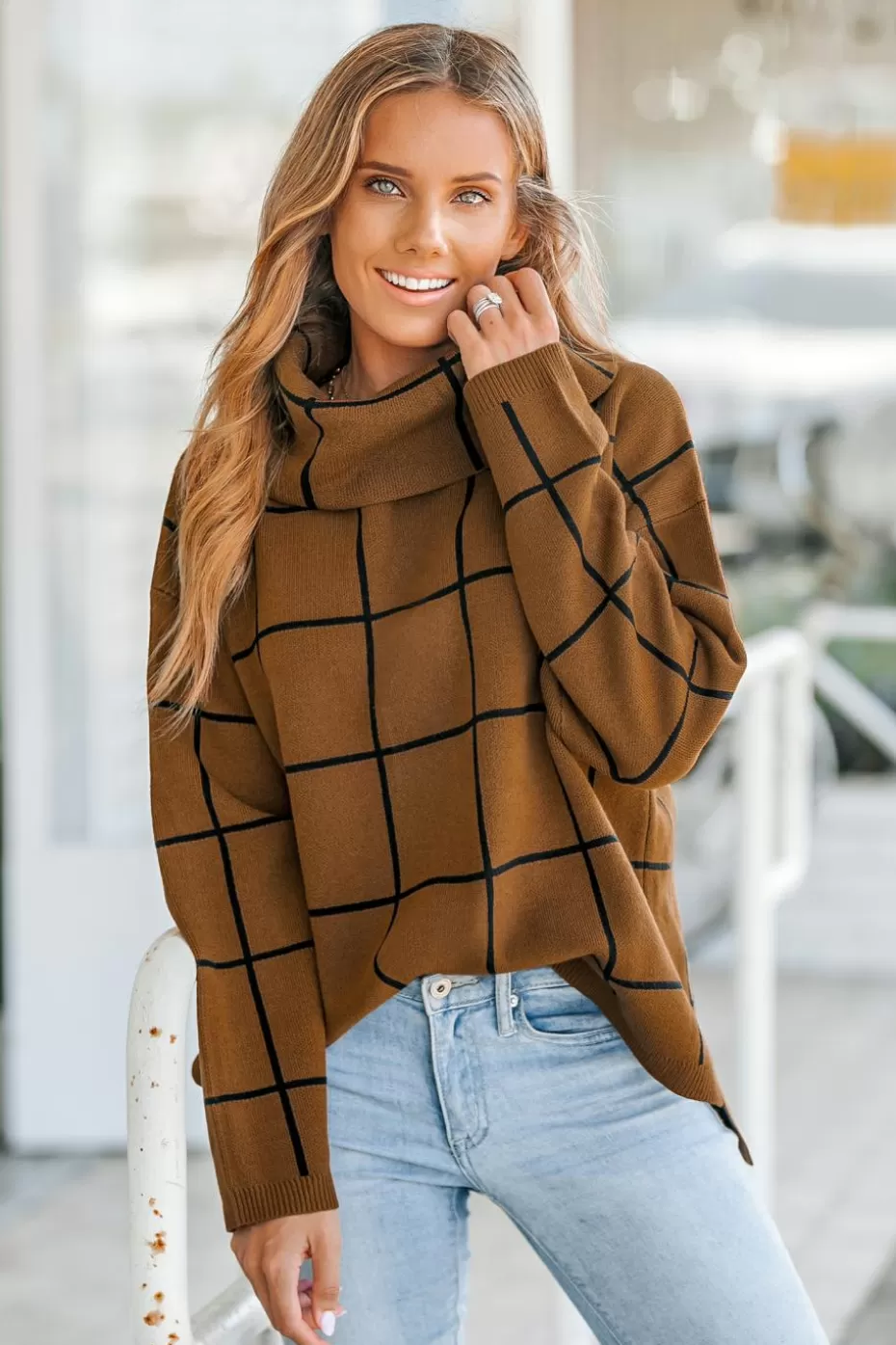 Cheap Cupshe Grid Print Turtleneck Sweater Brown