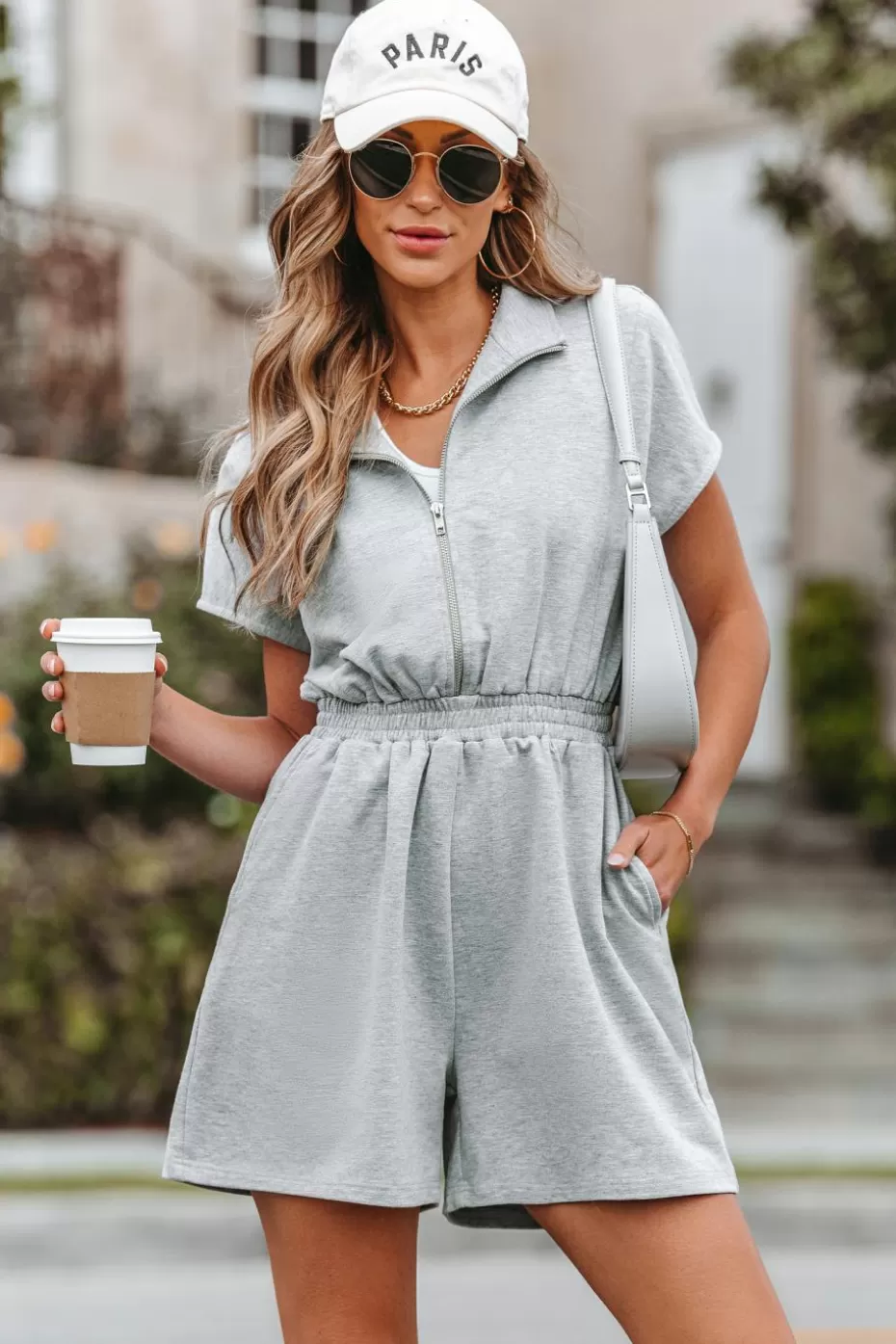 Best Sale Cupshe Heathered Knit Half-Zip Romper Light Grey