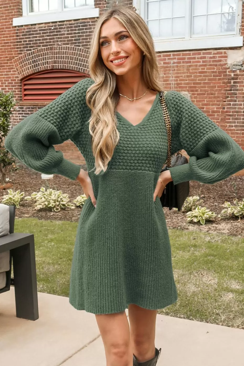 Online Cupshe Honeycomb Knit V-Neck Mini Sweater Dress Sage