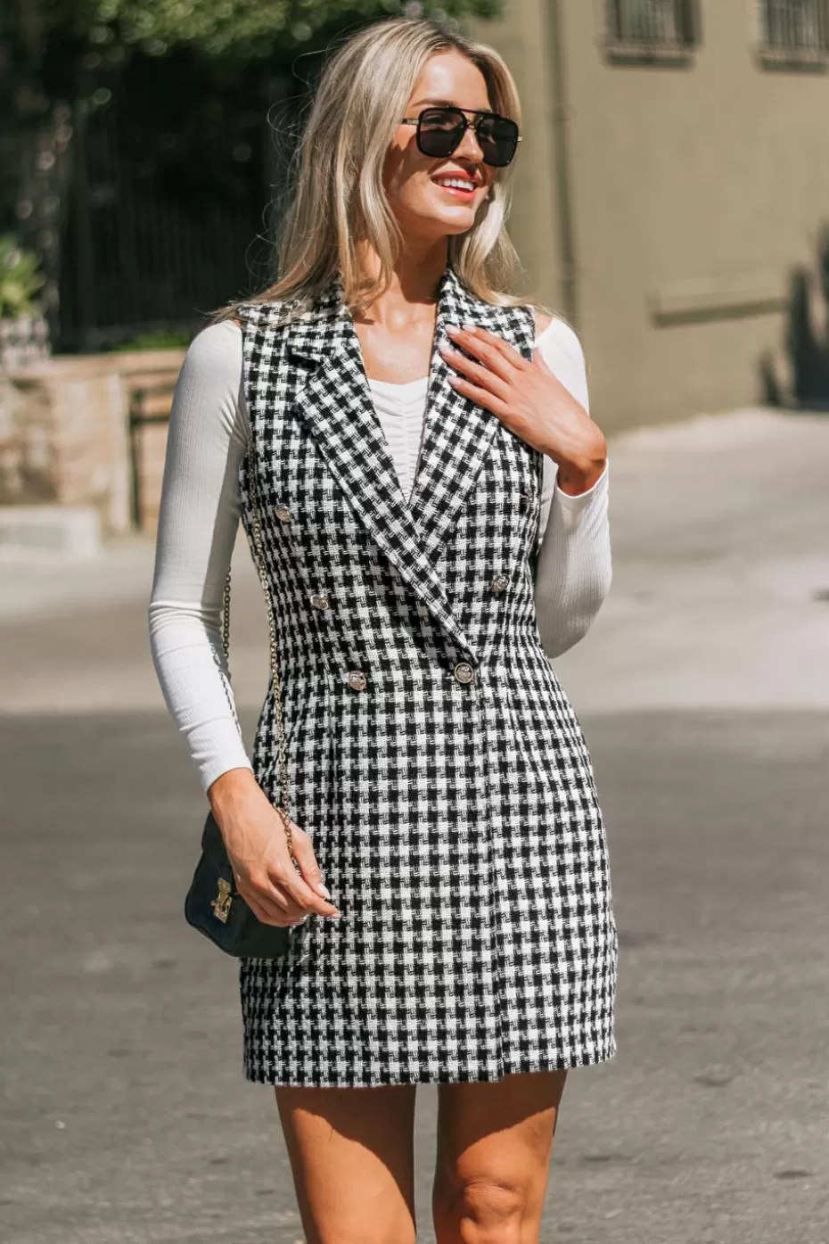 Best Cupshe Houndstooth Double-Breasted Blazer Waistcoat Black