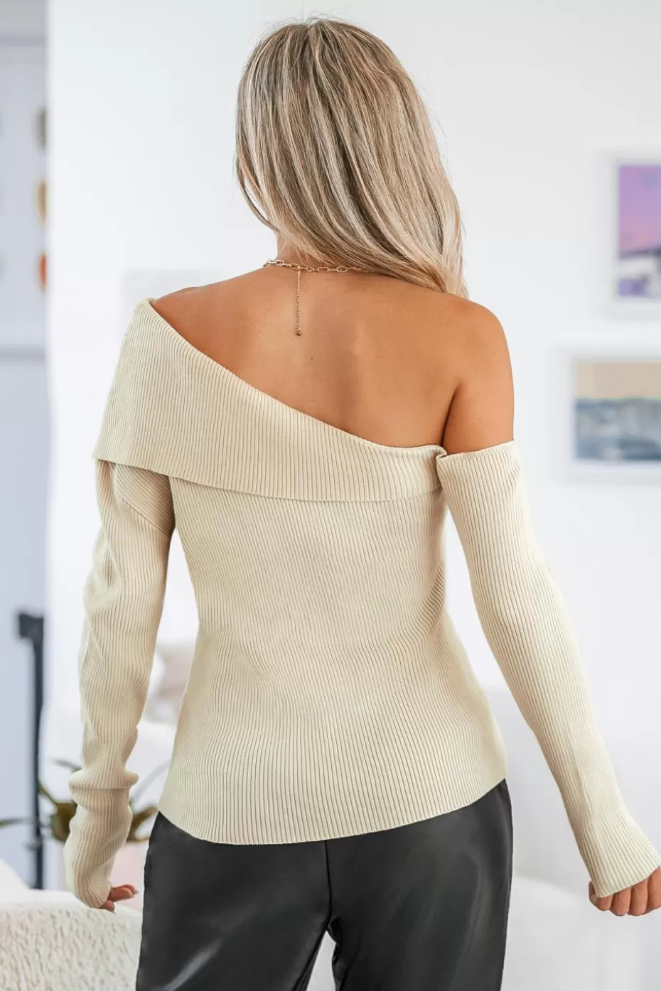 Outlet Cupshe Influencer Edits Toasted Marshmallow Foldover One-Shoulder Sweater Sand