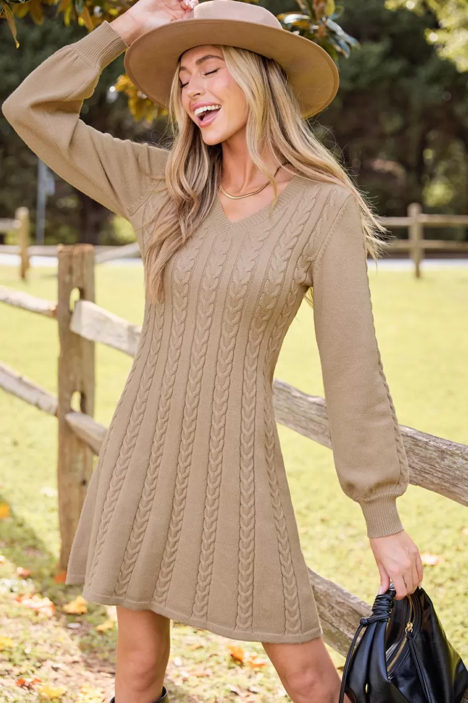 Clearance Cupshe Cable Knit V-Neck Sweater Dress Khaki