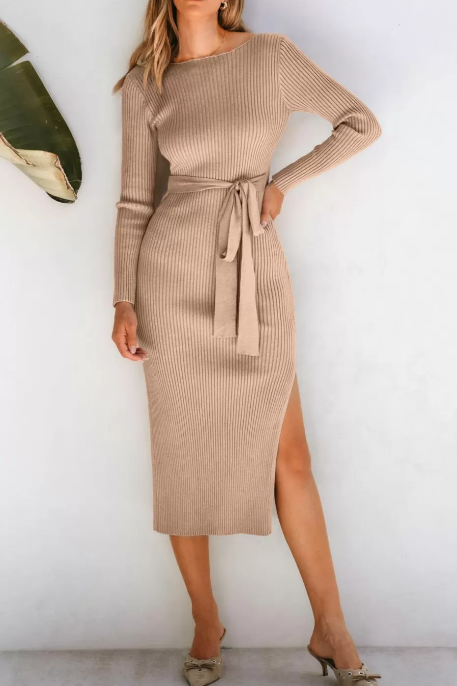 Outlet Cupshe Ribbed Knit Boatneck Long Sleeve Midi Sweater Dress Khaki