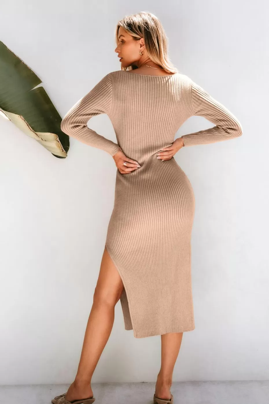 Outlet Cupshe Ribbed Knit Boatneck Long Sleeve Midi Sweater Dress Khaki