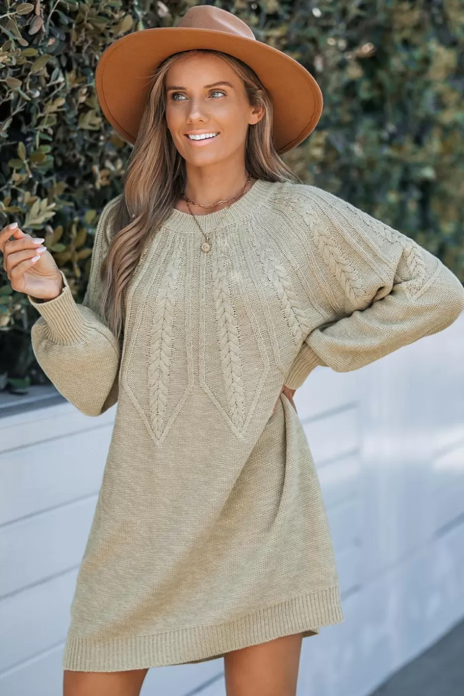 Discount Cupshe Round Neck Long Sleeve Mini Sweater Dress Khaki