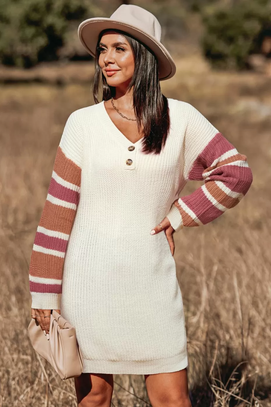 Sale Cupshe Knit V-Neck Striped Long Sleeve Loose Fit Mini Dress Beige