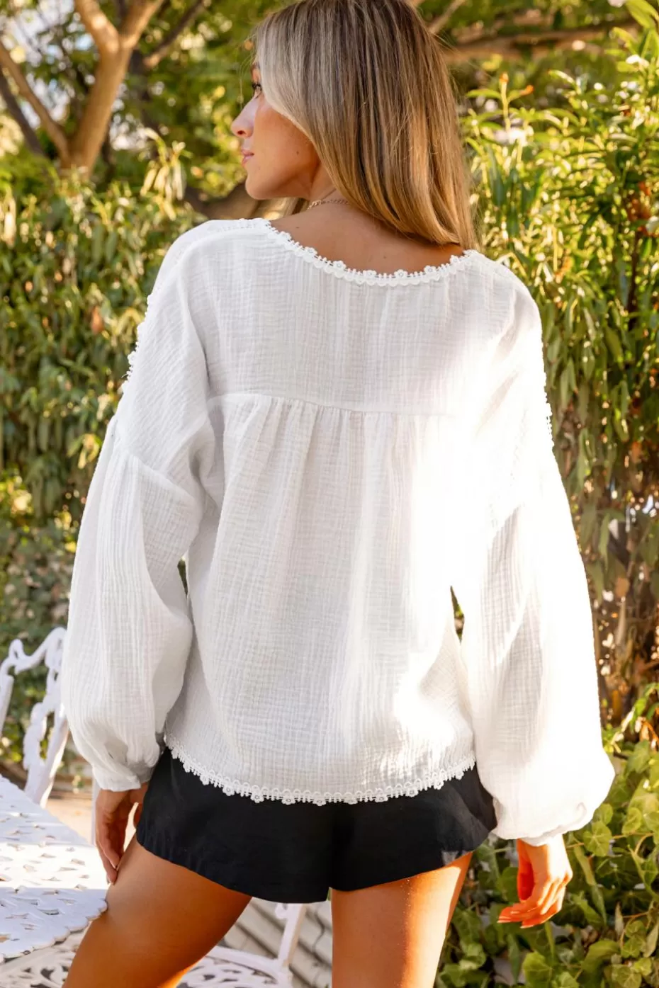 Best Cupshe Lace Cutout Puff Sleeve Top White