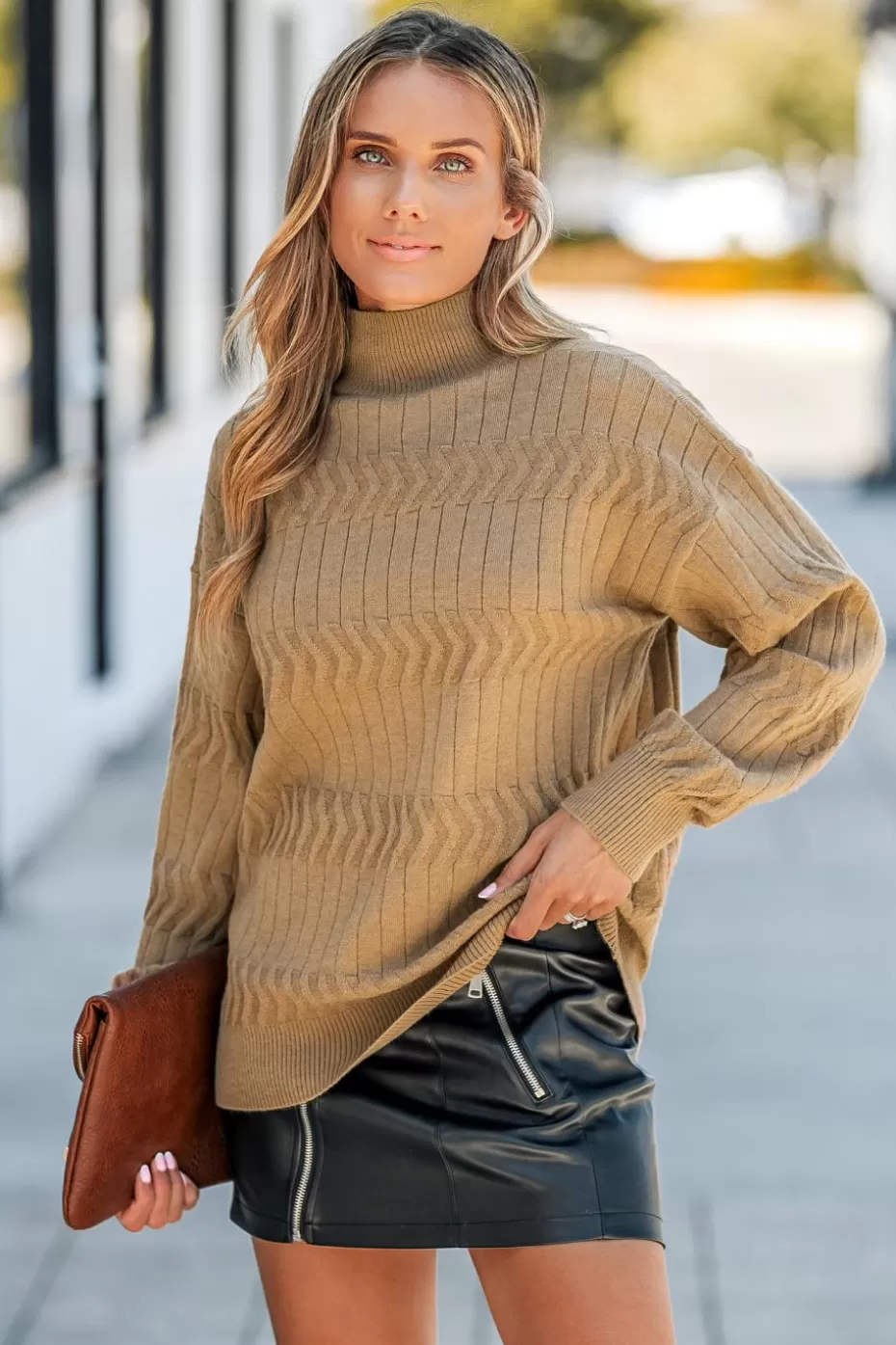 Flash Sale Cupshe Latte Ribbed Mock Neck Sweater Brown