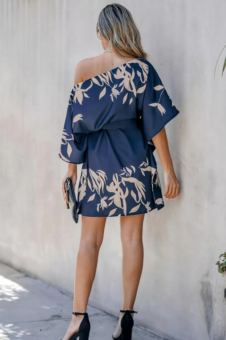 Discount Cupshe Leaf Print One-Shoulder Belted Dress Navy