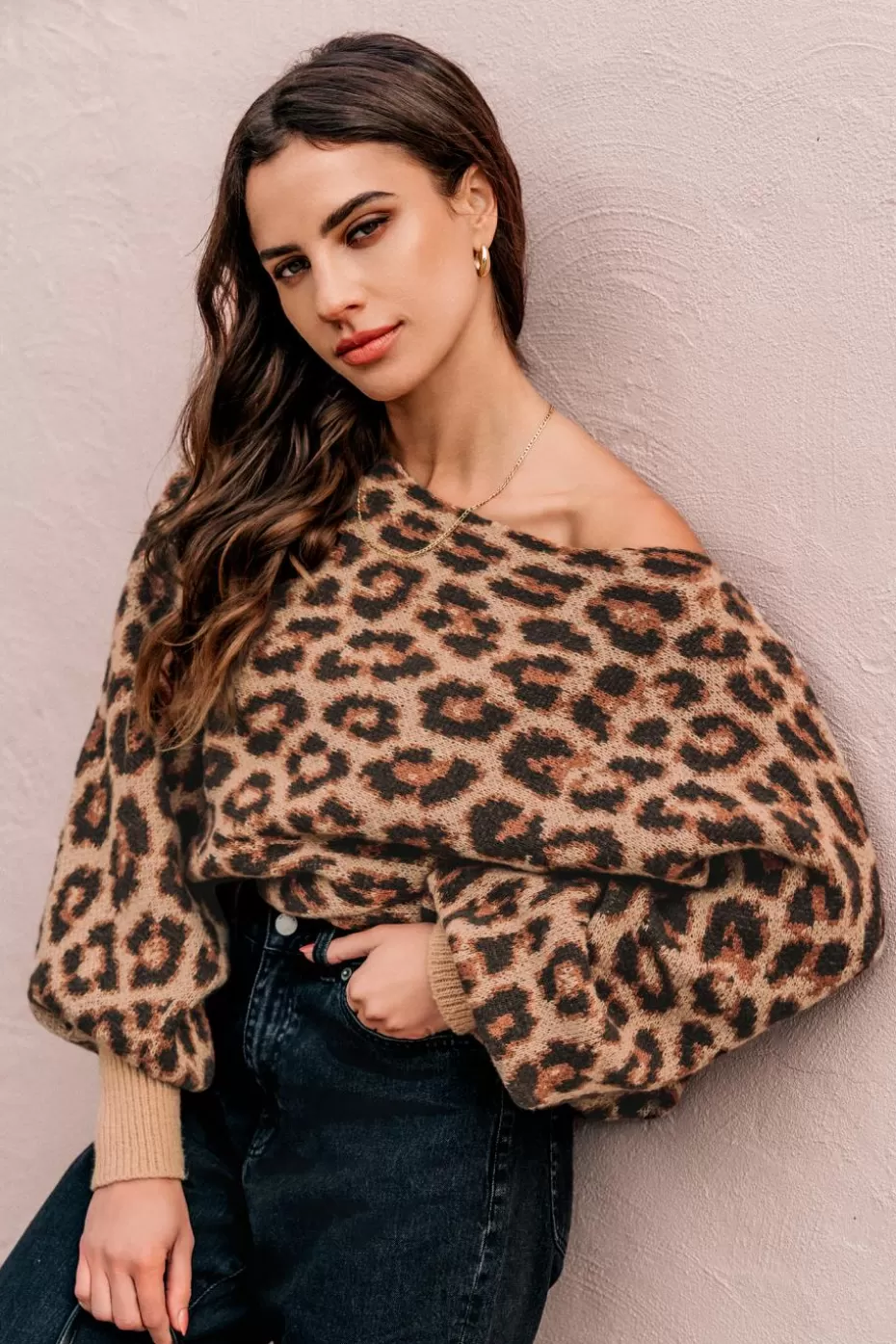 Cheap Cupshe Leopard Print Boatneck Puff Sleeve Sweater Brown