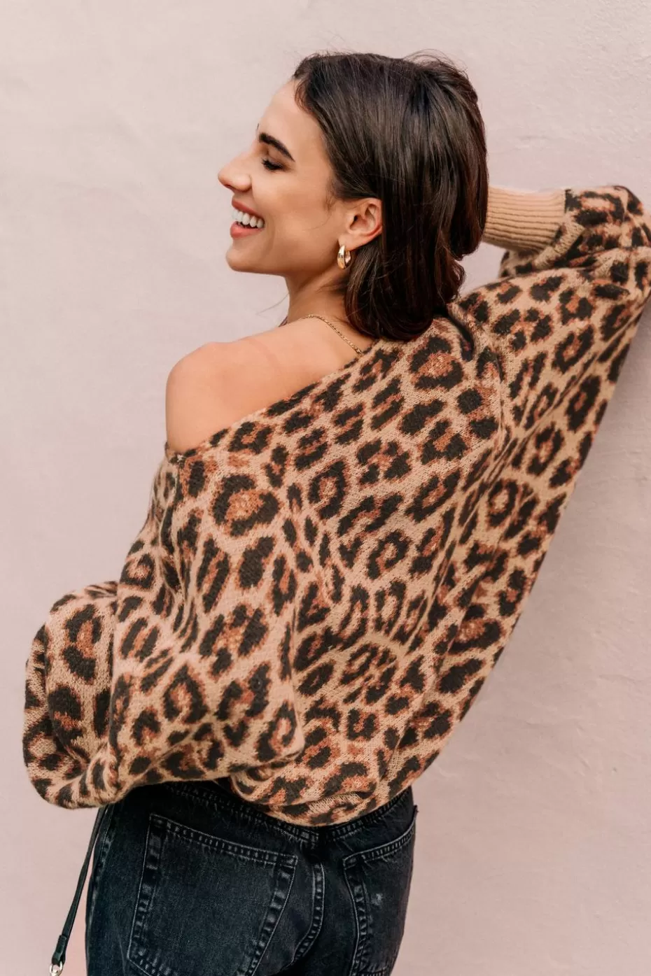 Cheap Cupshe Leopard Print Boatneck Puff Sleeve Sweater Brown