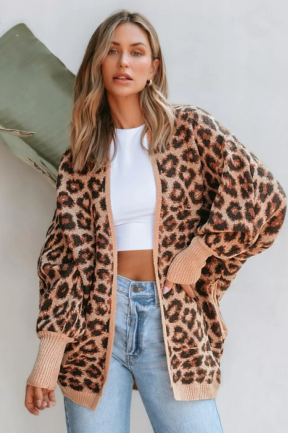 Outlet Cupshe Leopard Print Open Front Long Sleeve Cardigan Tan