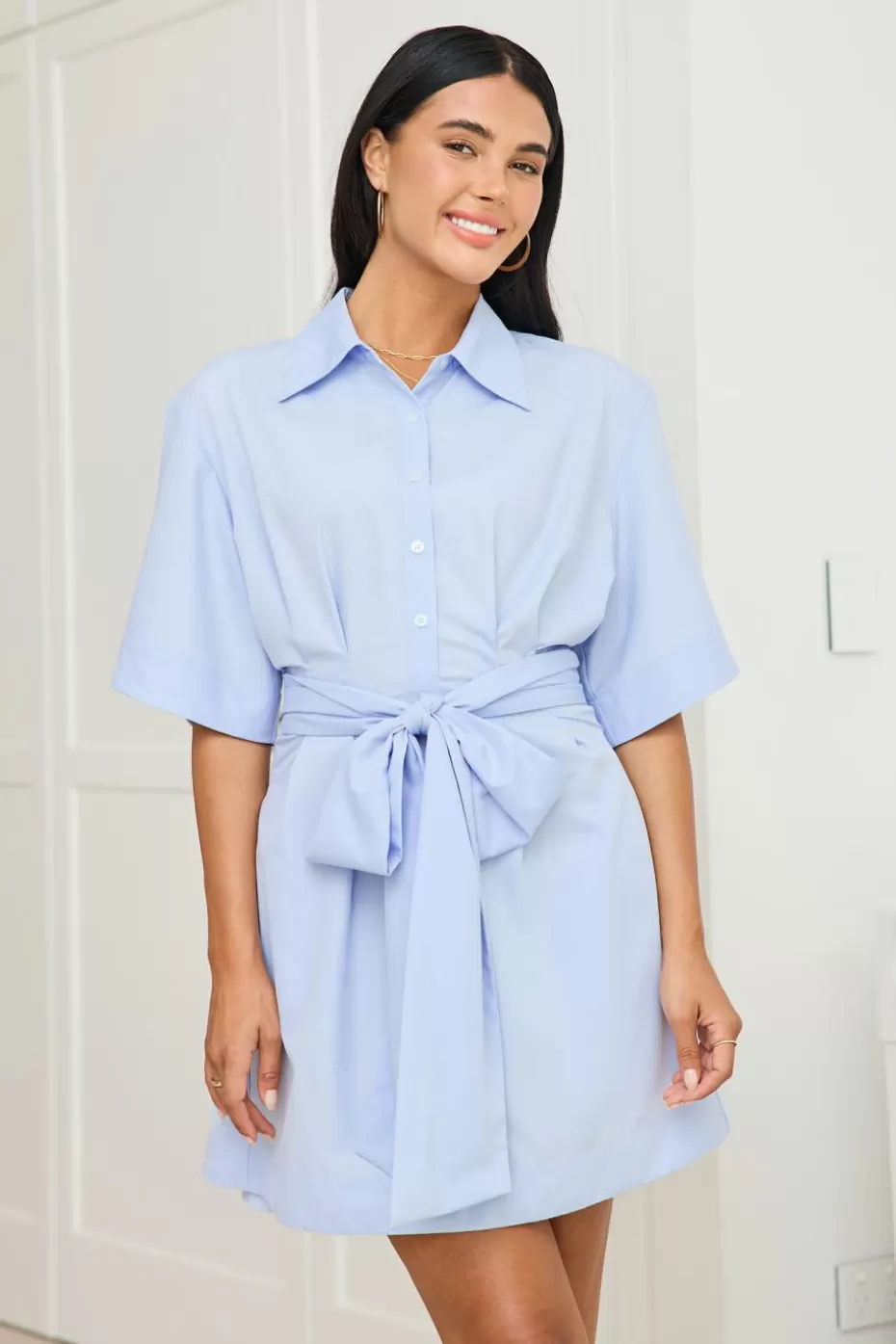 Online Cupshe Collared Front Button Mini Shirt Dress Light Blue