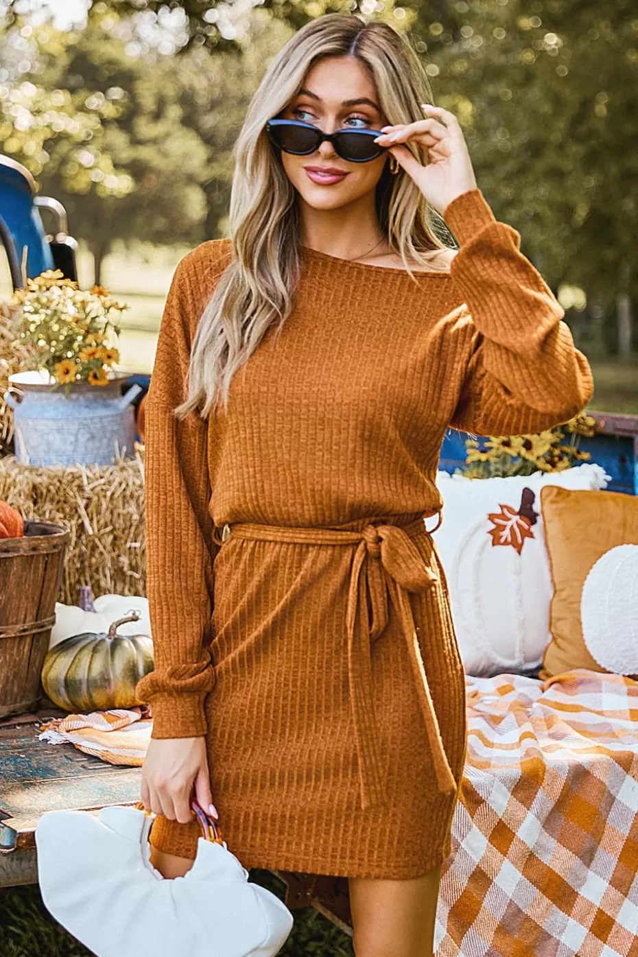 Shop Cupshe Off-Shoulder Long Sleeve Mini Knit Dress Light Brown