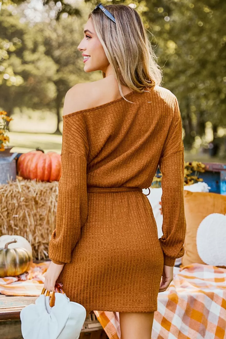 Shop Cupshe Off-Shoulder Long Sleeve Mini Knit Dress Light Brown