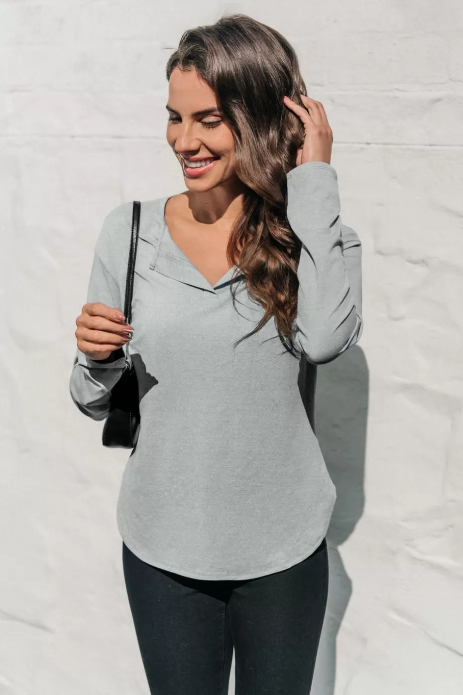 Sale Cupshe Long Sleeve Jersey Tee Light Grey