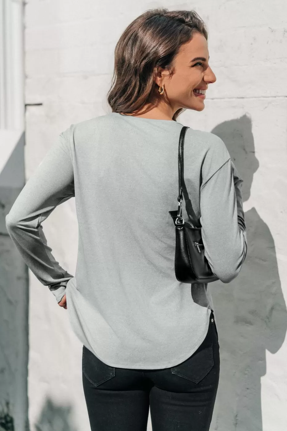 Sale Cupshe Long Sleeve Jersey Tee Light Grey