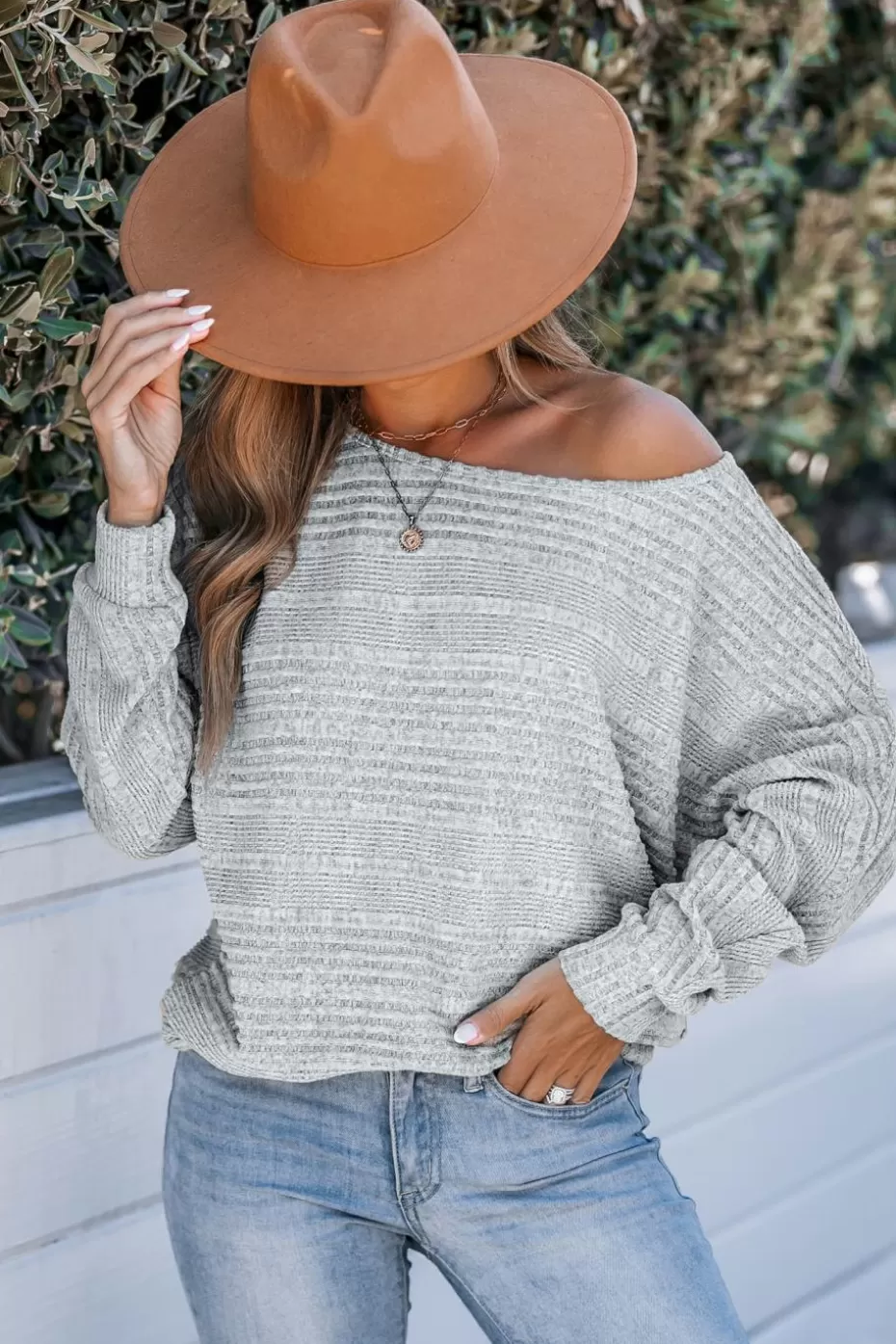 Cheap Cupshe Ribbed Knit Long Sleeve Tee Light Grey