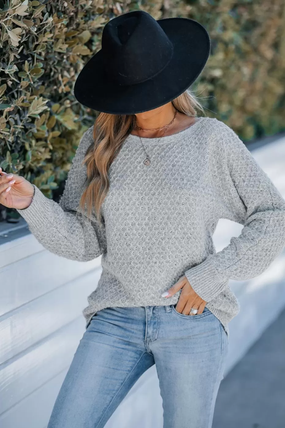 Shop Cupshe Round Neck Long Sleeve Sweater Light Grey