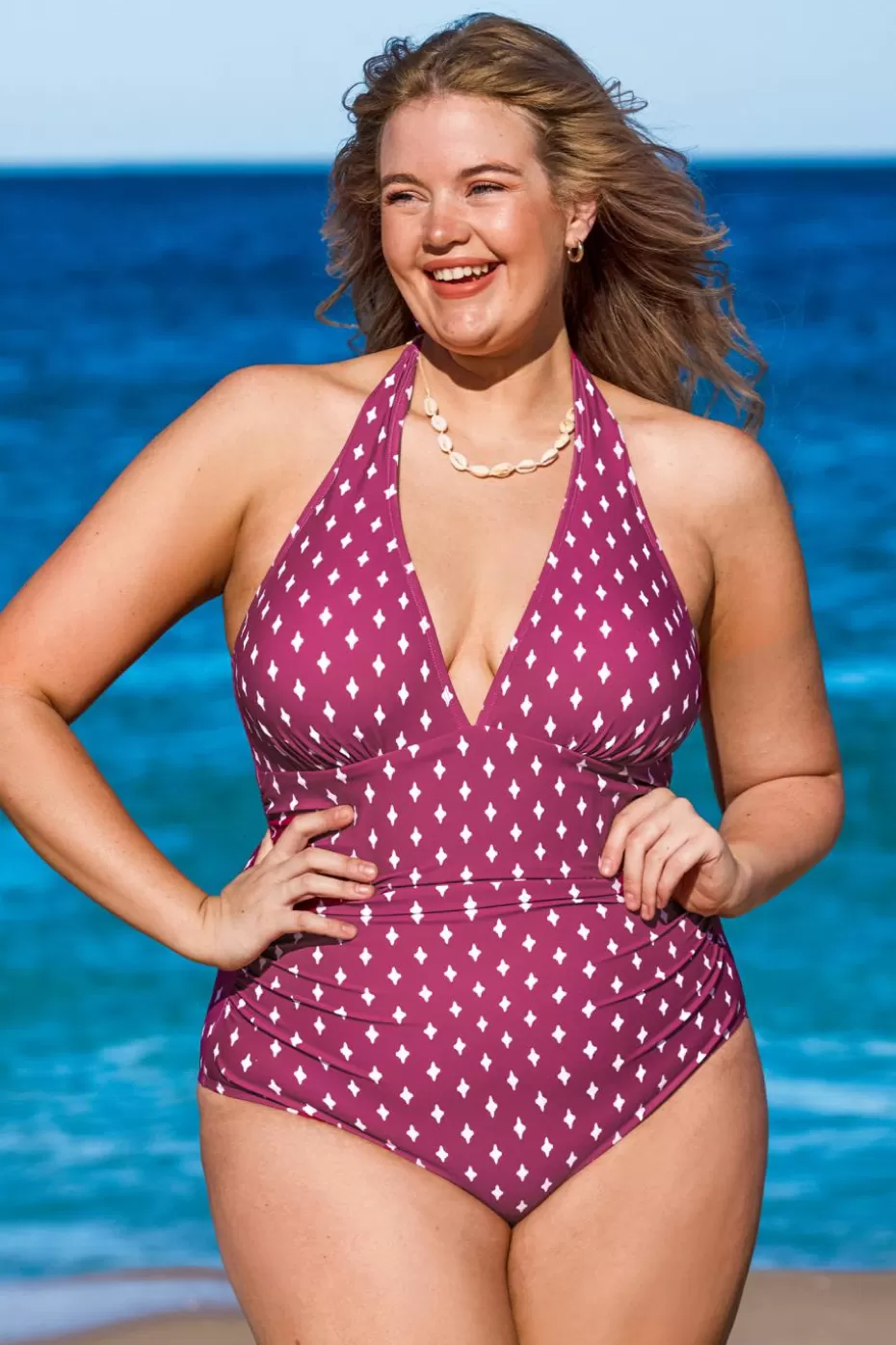 Discount Cupshe Polka Dot Tummy Control One-Piece Maroon