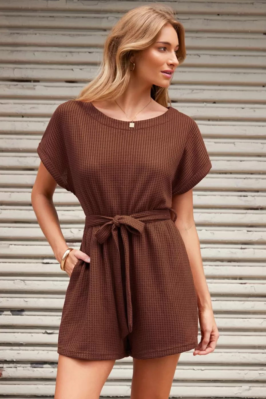 Online Cupshe Maroon Waffle Knit Belted Romper Brown