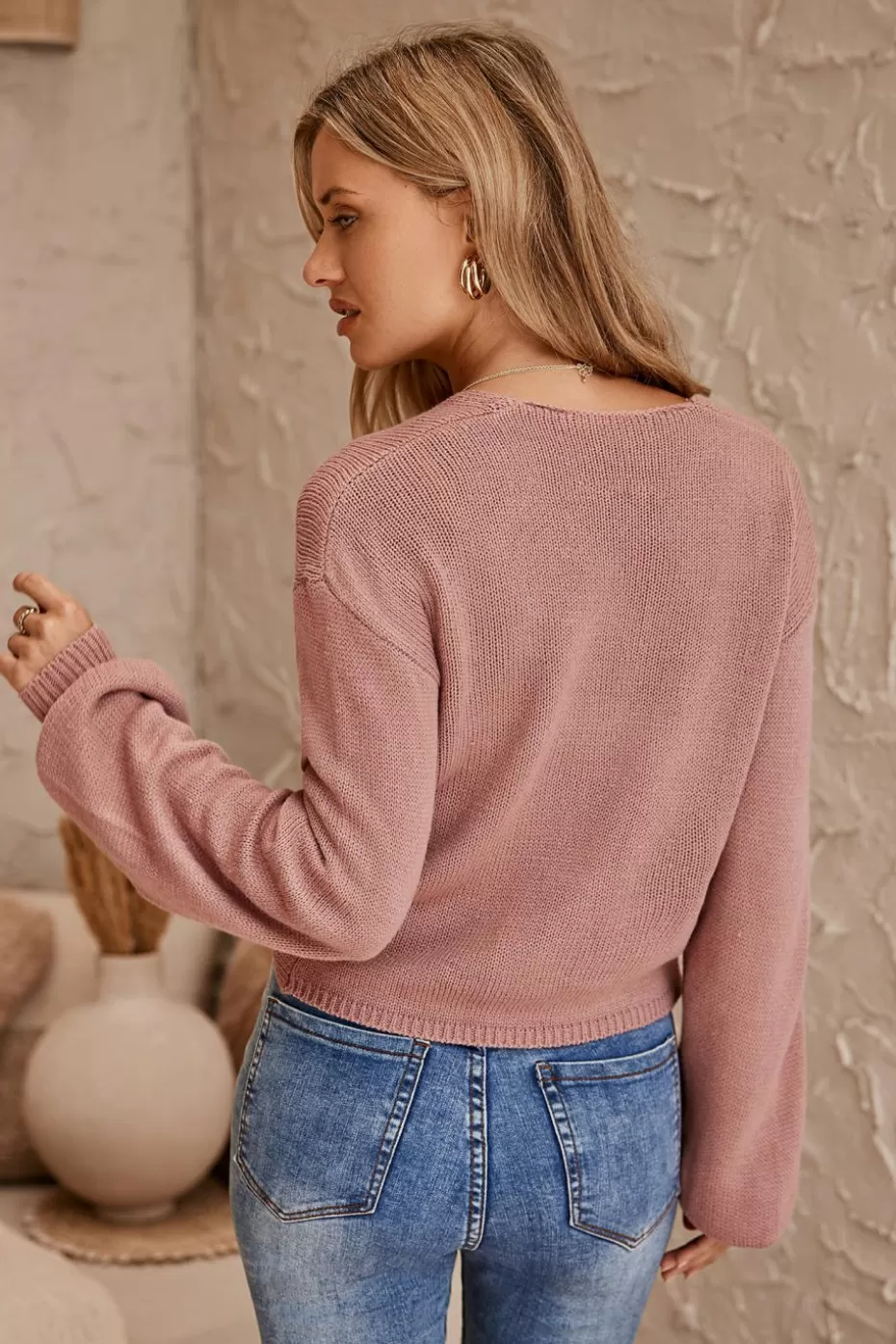 Discount Cupshe Mauve Twist-Front Split Hem Sweater Pink