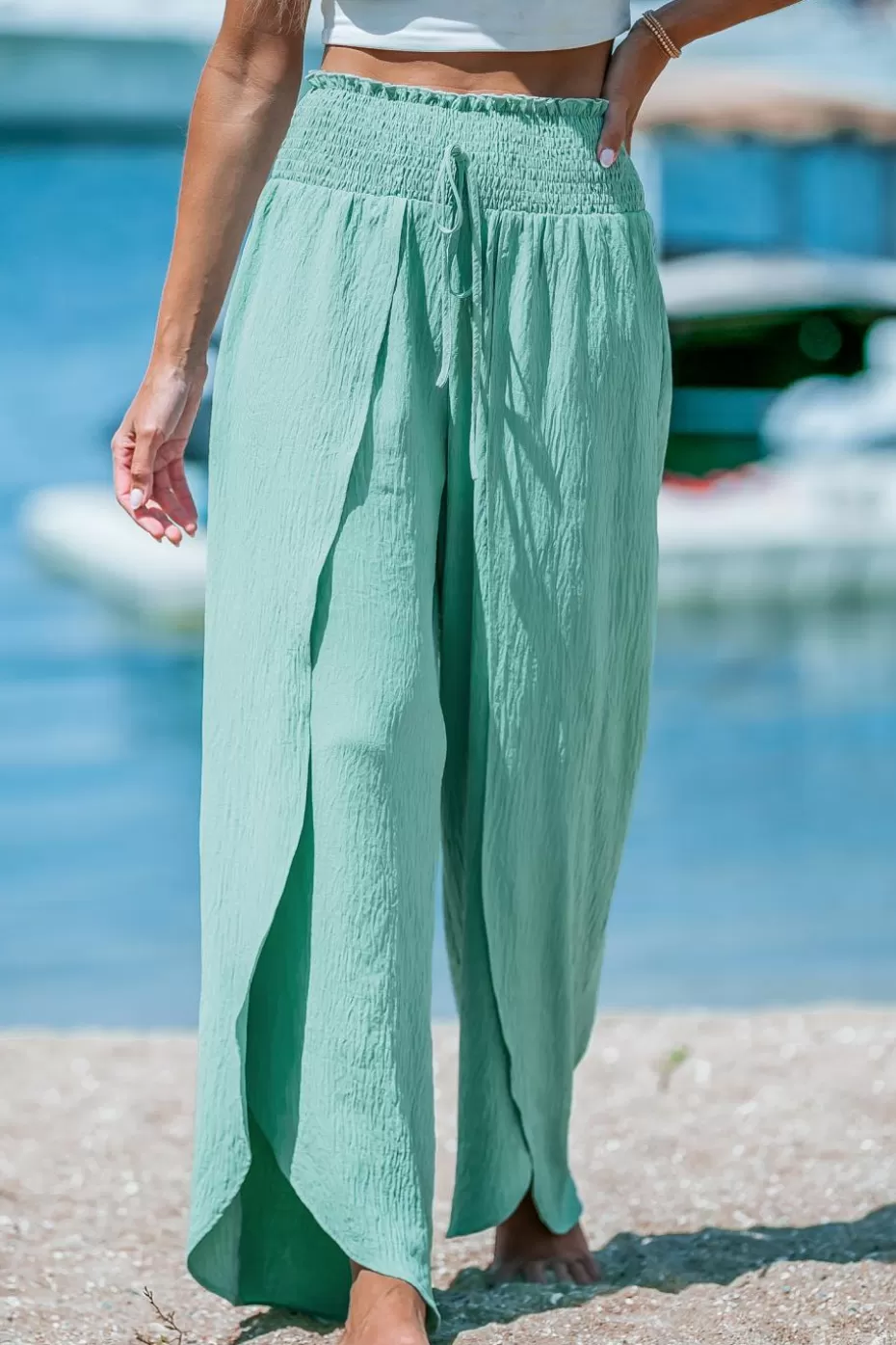 Fashion Cupshe Mint Smocked Waist Wide Tulip Leg Pants Green