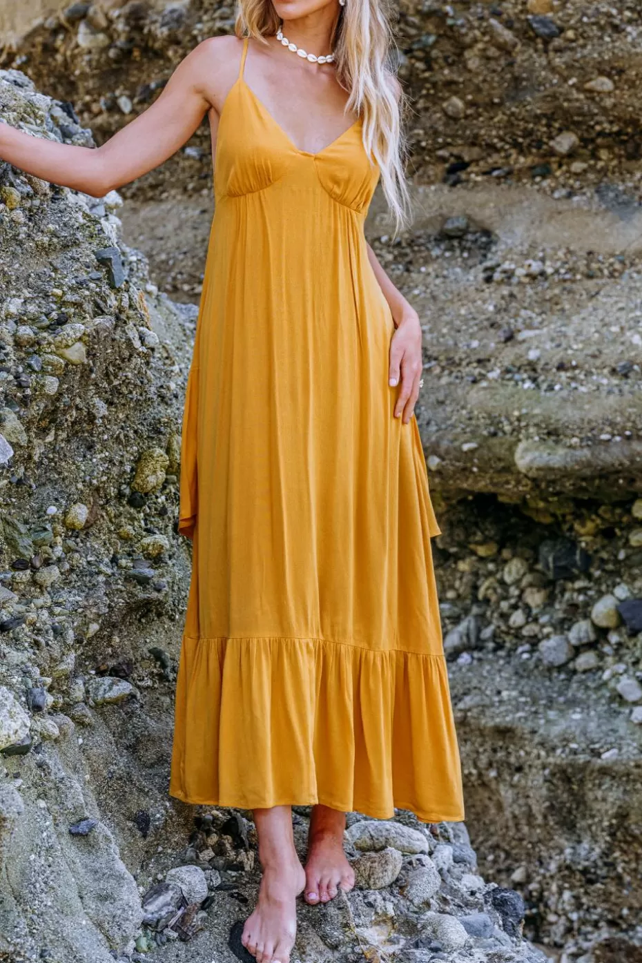 Best Cupshe Mustard Sleeveless V-Neck Flounce Hem Maxi Dress Yellow