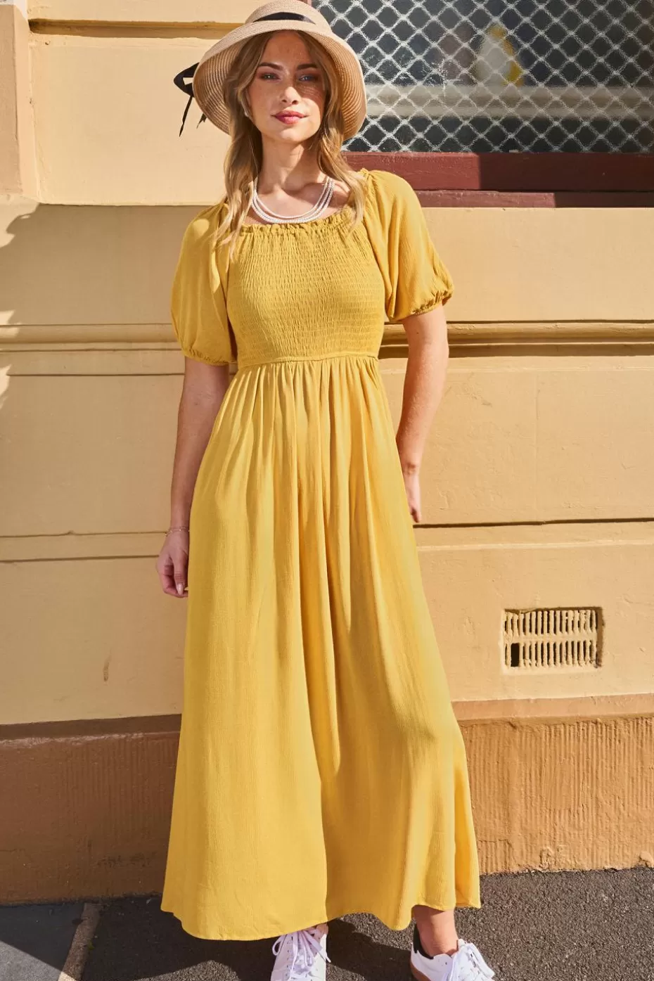 Outlet Cupshe Square Neck Smocked Bodice Puff Sleeve Maxi Dress Mustard