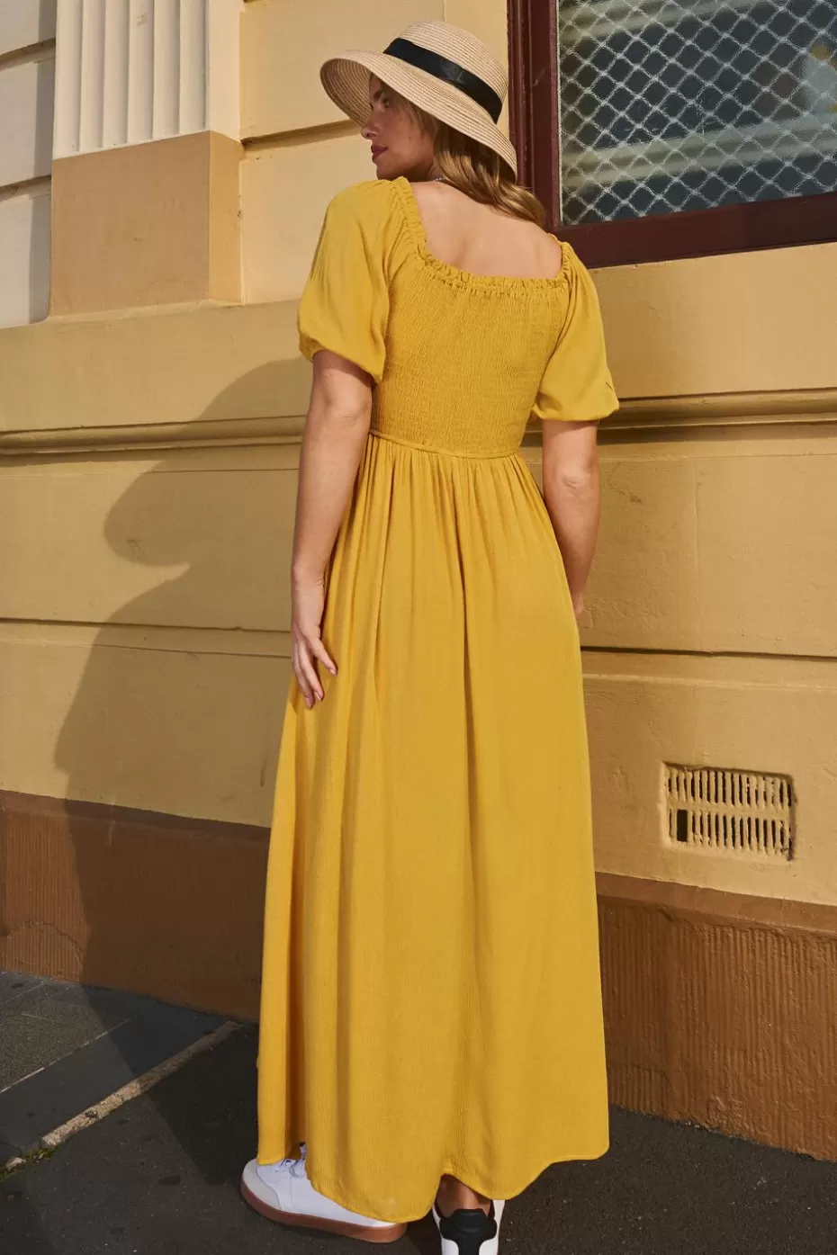 Outlet Cupshe Square Neck Smocked Bodice Puff Sleeve Maxi Dress Mustard