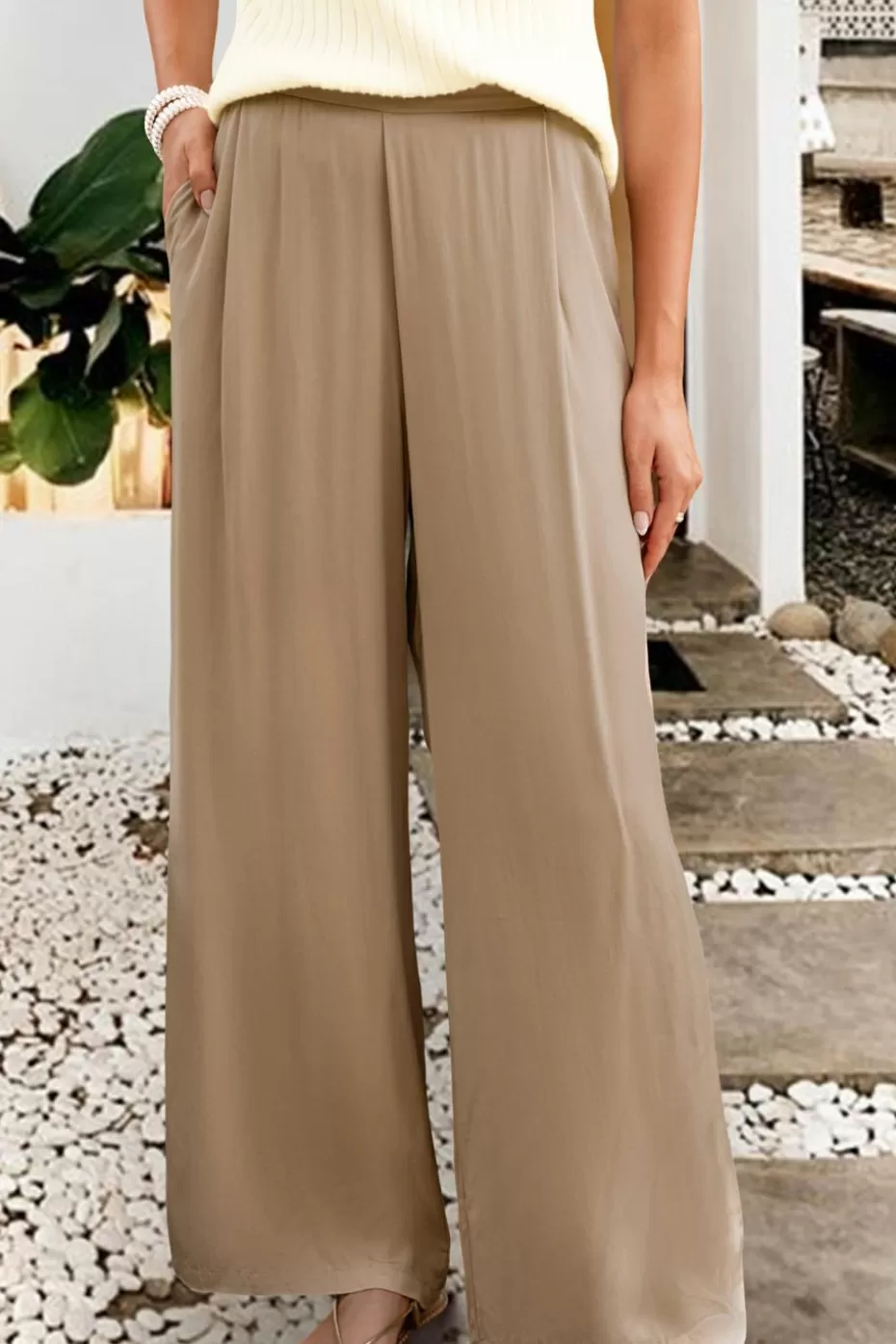 Sale Cupshe Neutral High-Rise Wide Leg Pants Camel