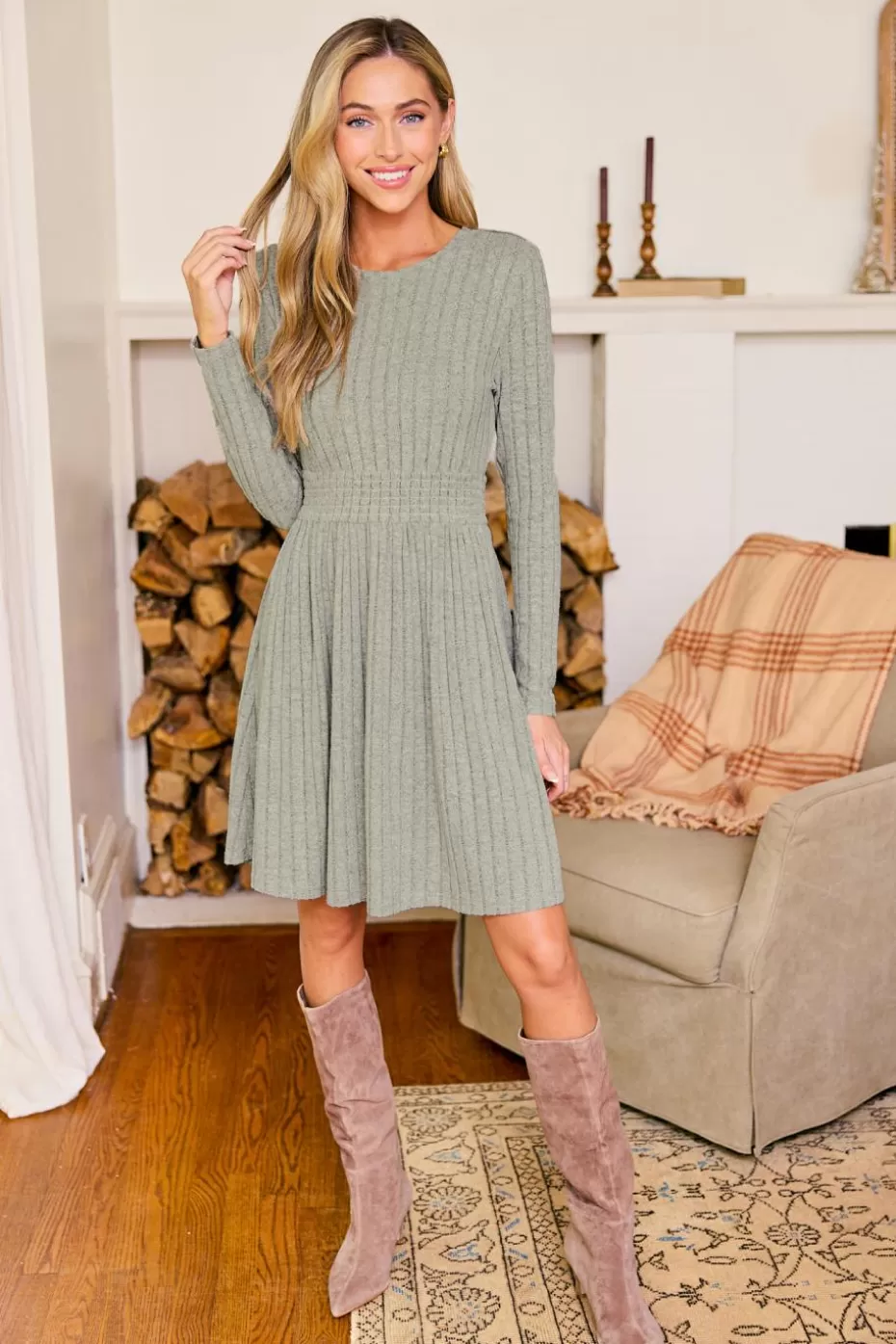 Cheap Cupshe Neutral Round Neck Long Sleeve Mini Dress Taupe