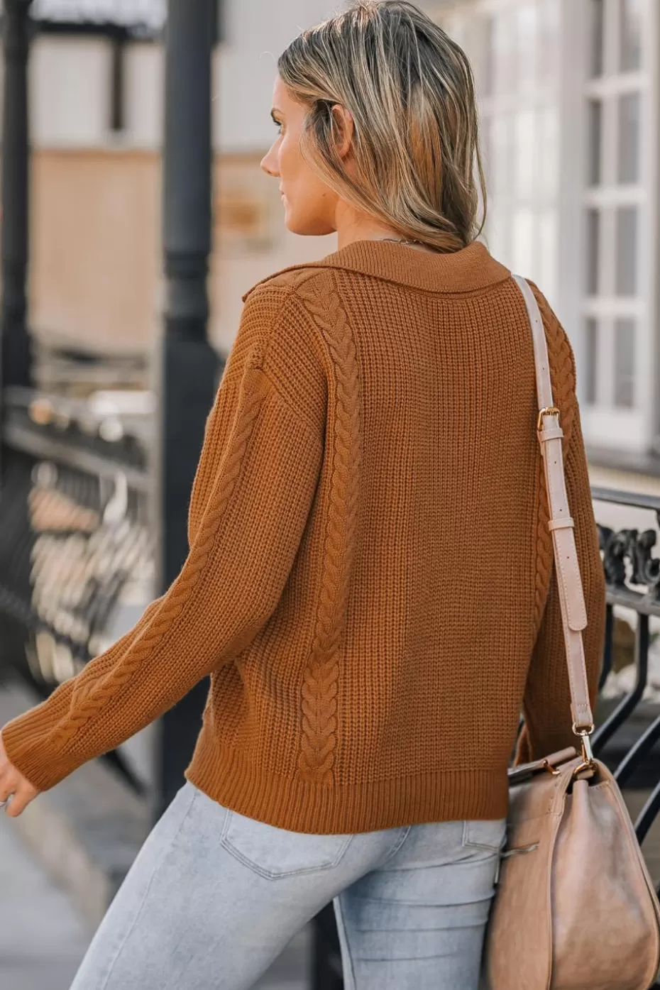 Outlet Cupshe Notched Collar Cable Knit Sweater Burnt Orange