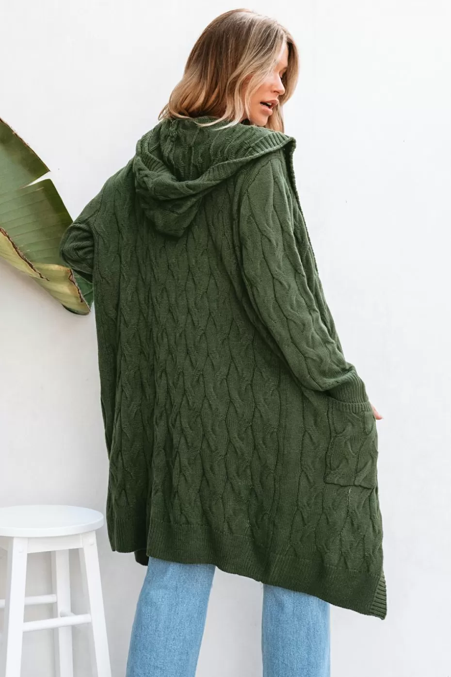 Best Sale Cupshe Olive Cable Knit Open Front Long Sleeve Long Cardigan Green