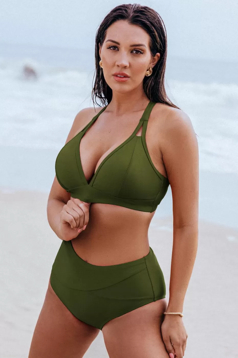 Sale Cupshe DD+ Bikini Top & Tummy Control Bottoms Set Olive