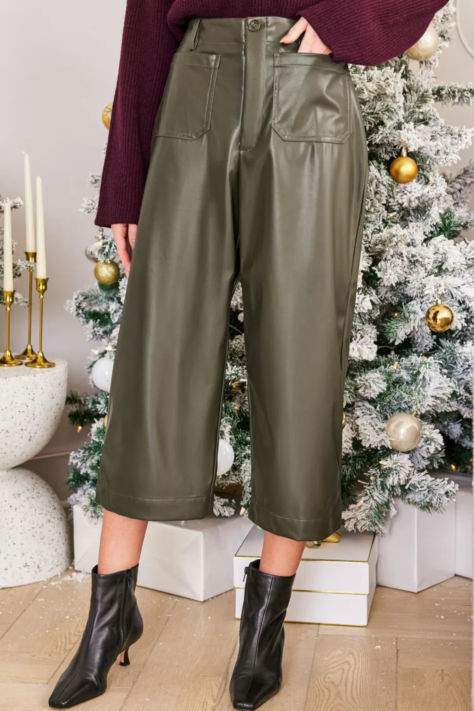 Best Sale Cupshe Faux Leather Cropped Straight Leg Pants Olive