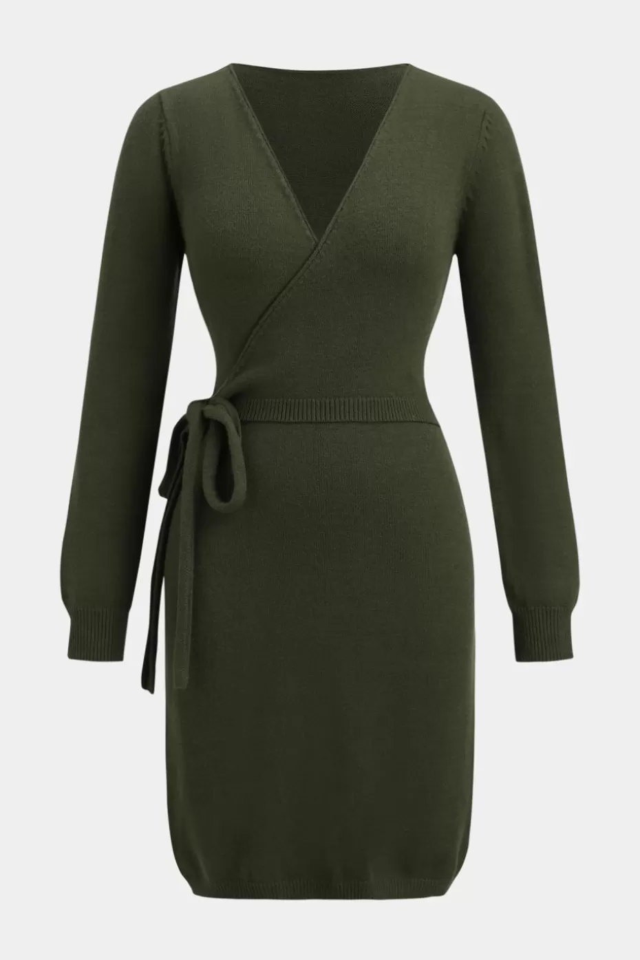 Store Cupshe Green Long Sleeve Wrap Mini Sweater Dress Olive