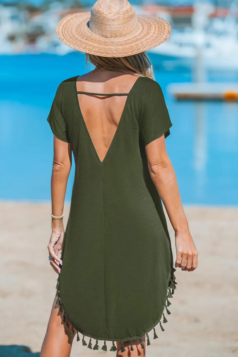 Outlet Cupshe Short Sleeve Tassel Hem Mini Dress Olive