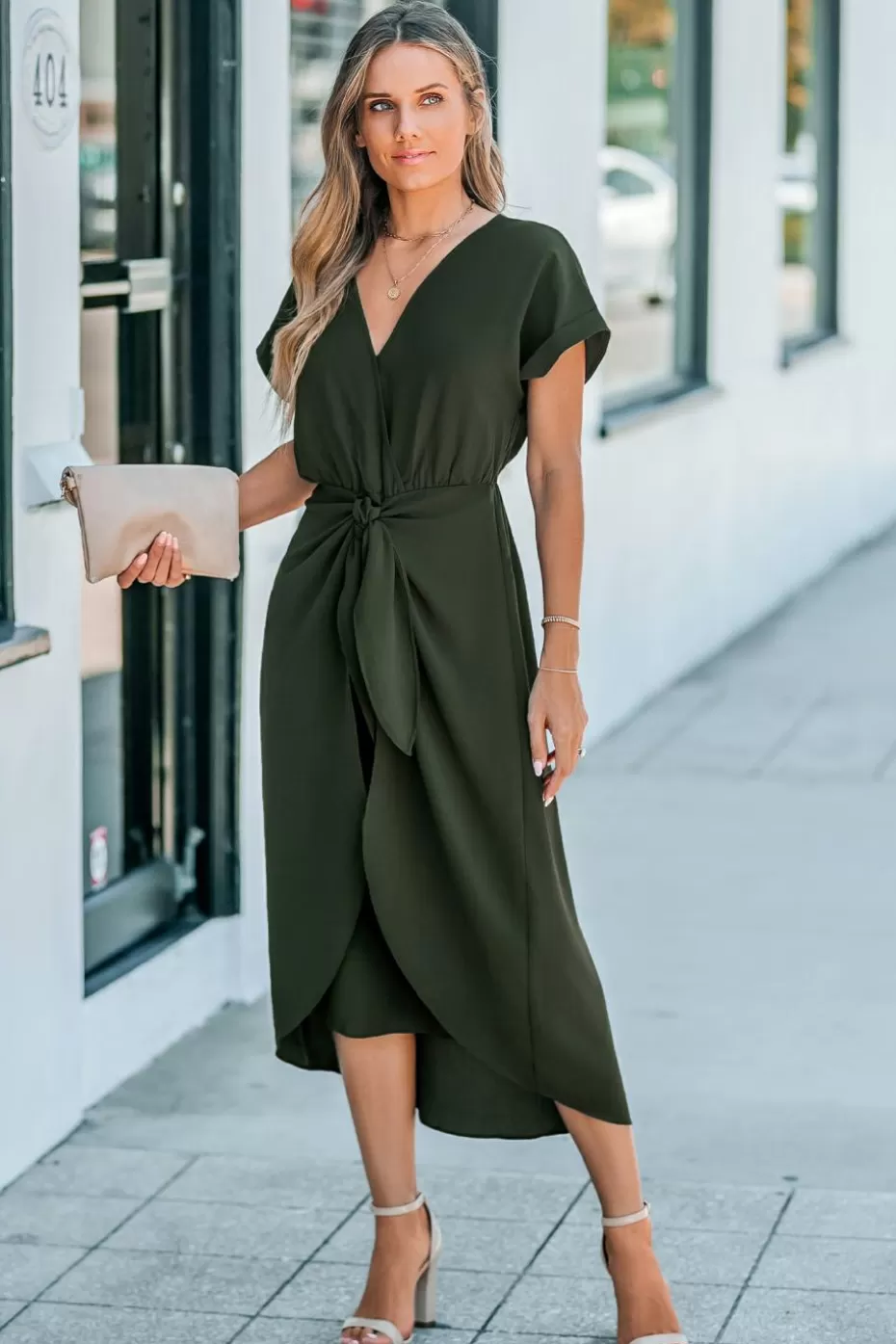 Fashion Cupshe Short Sleeve Waist Wrap Midi Dress Olive