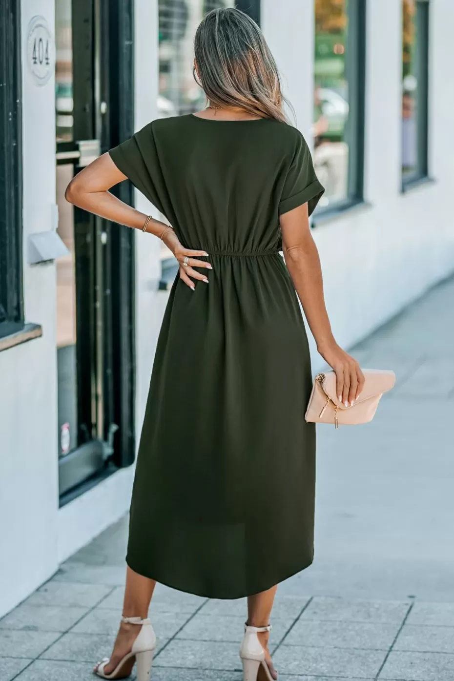 Fashion Cupshe Short Sleeve Waist Wrap Midi Dress Olive