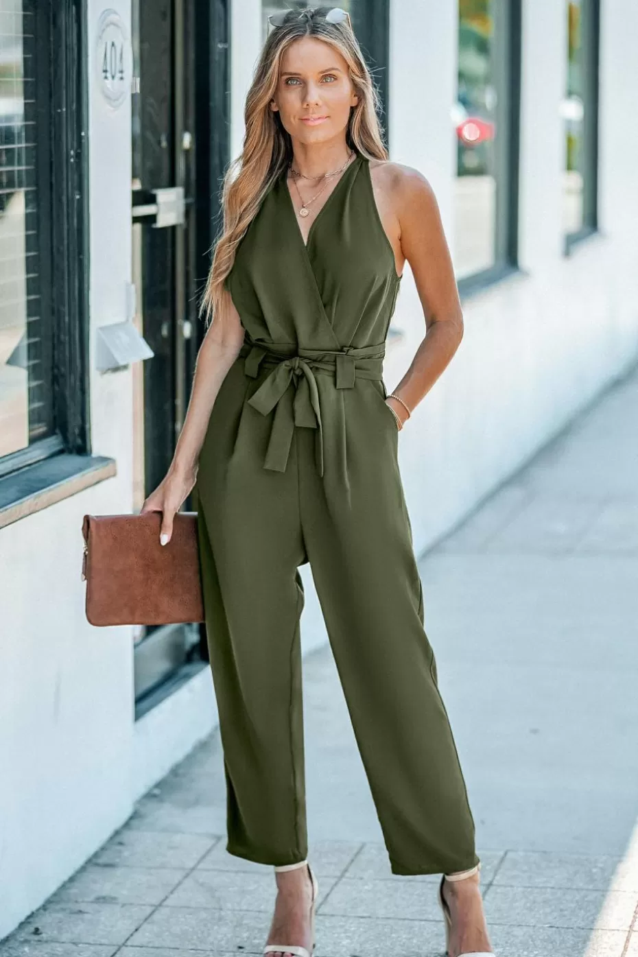 Sale Cupshe Surplice Sleeveless Tapered Leg Jumpsuit Olive