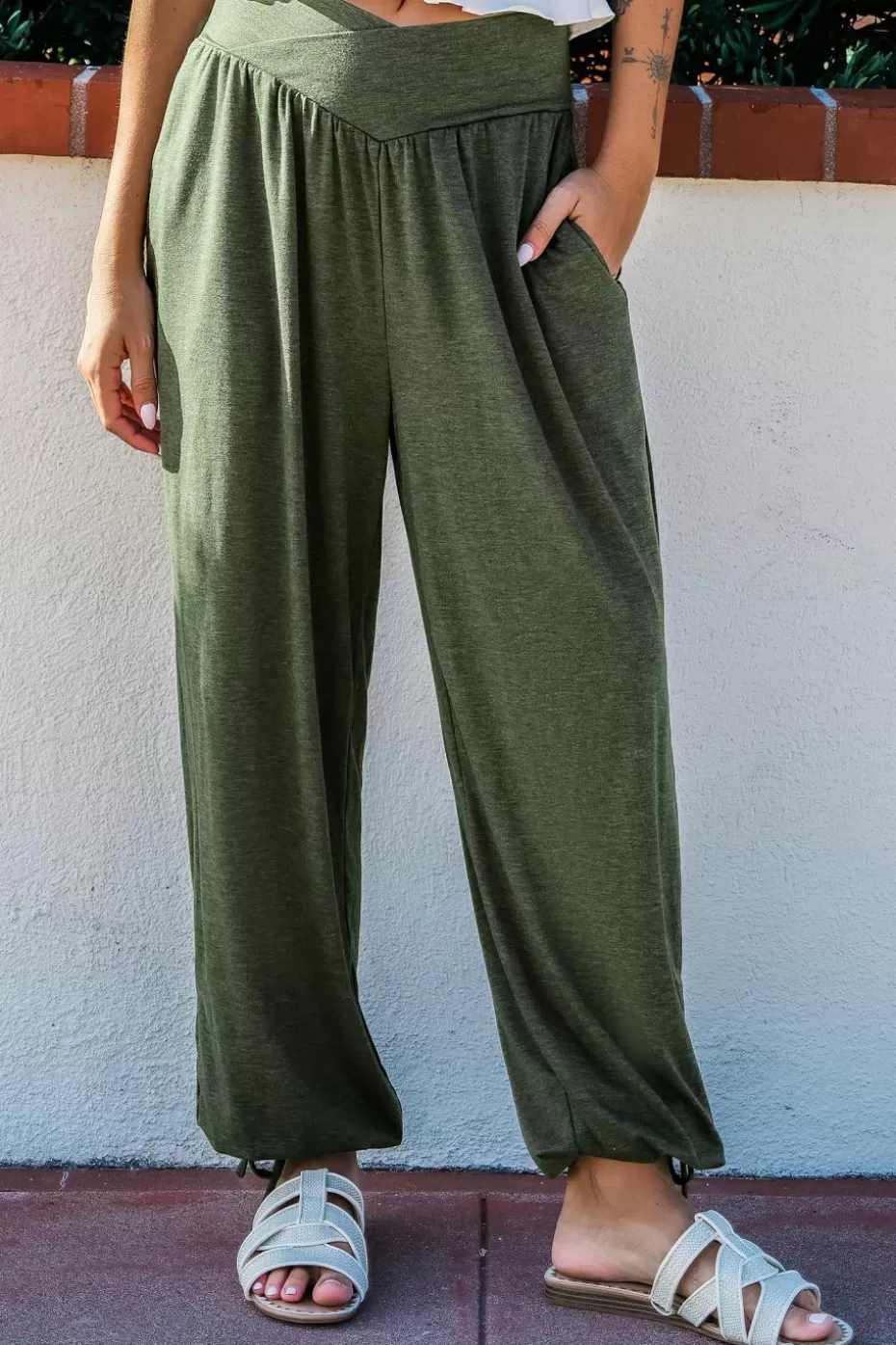 Store Cupshe Surplice Waist Straight Leg Pants Olive