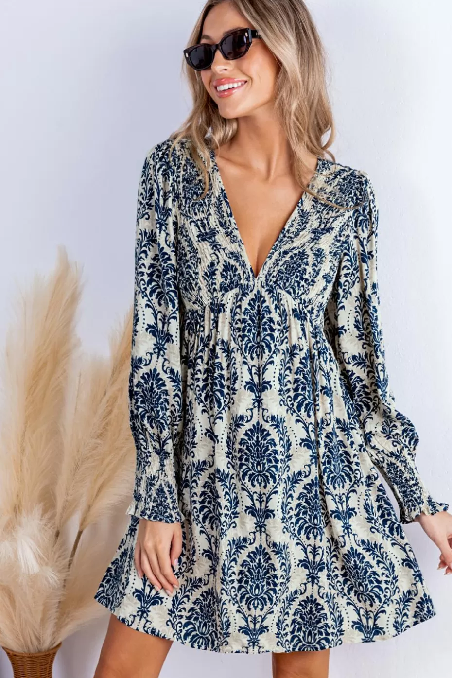 Hot Cupshe Ornate Plunging Puff Sleeve Mini Dress Blue