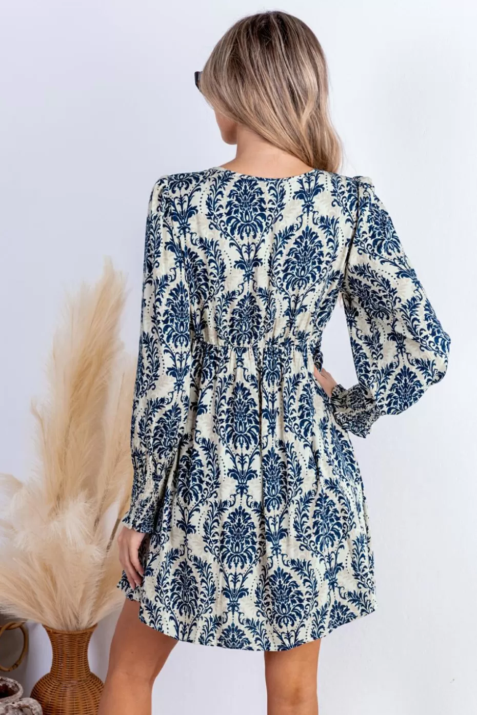 Hot Cupshe Ornate Plunging Puff Sleeve Mini Dress Blue