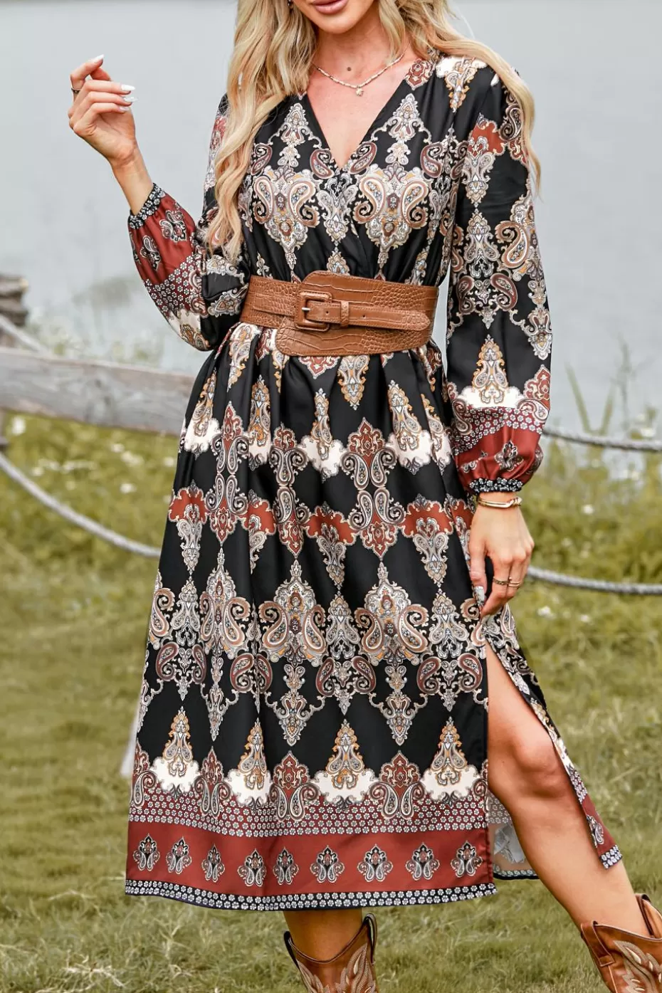 Best Cupshe Ornate Print V-Neck Ruched Midi Dress Brown