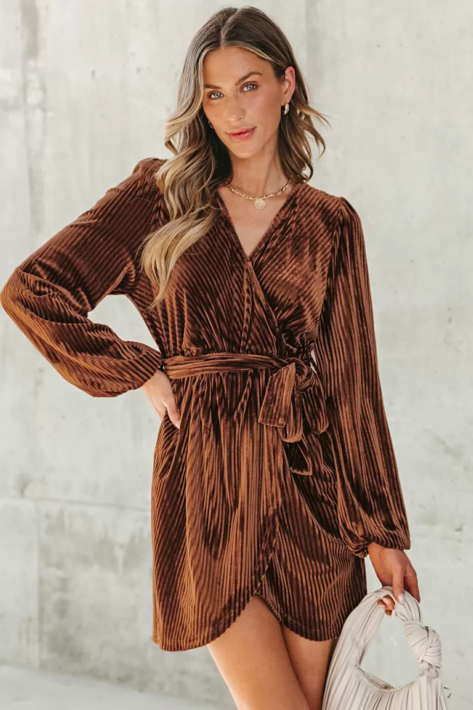 New Cupshe Overlap Collar Belted Dress Brown