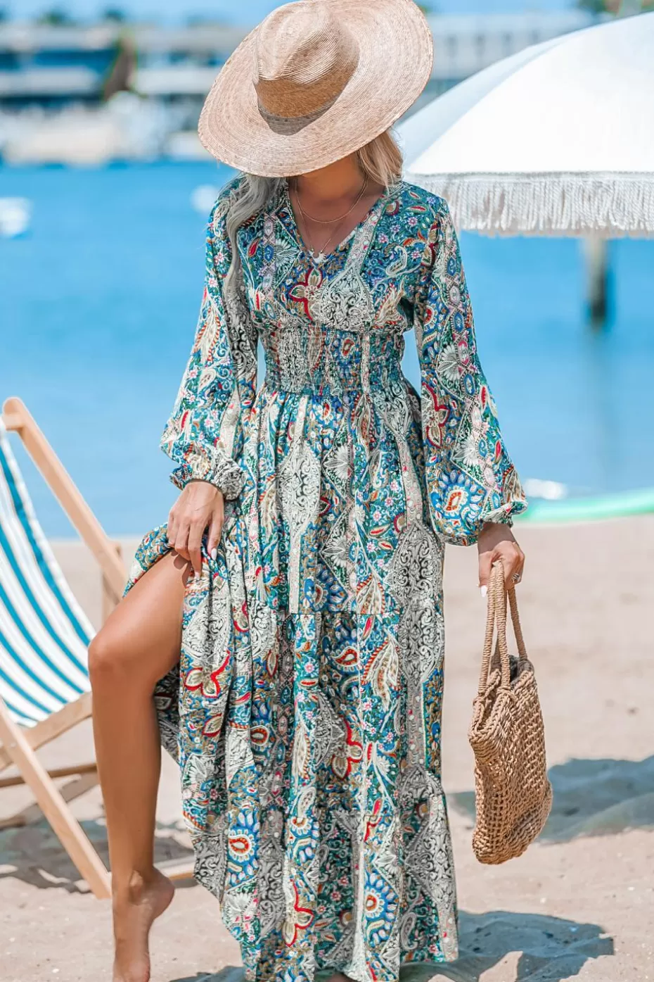 Outlet Cupshe Paisley Long Puff Sleeve Maxi Dress Blue