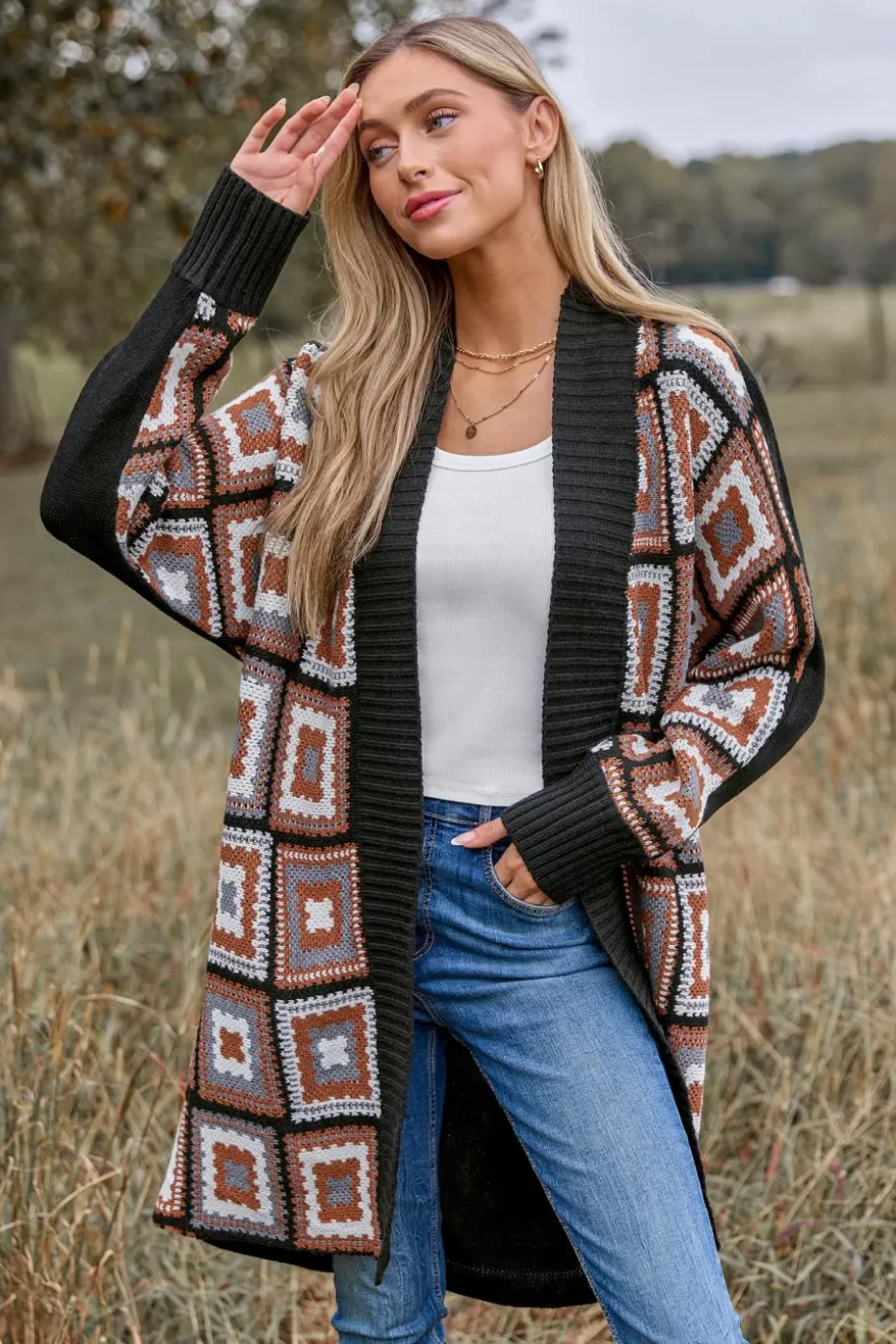 Cheap Cupshe Patchwork Open Front Long Sleeve Knit Duster Brown