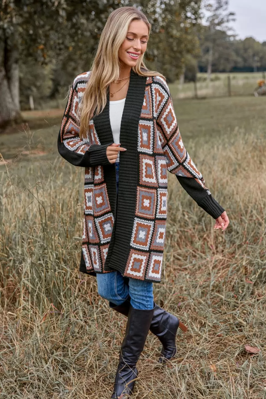 Cheap Cupshe Patchwork Open Front Long Sleeve Knit Duster Brown