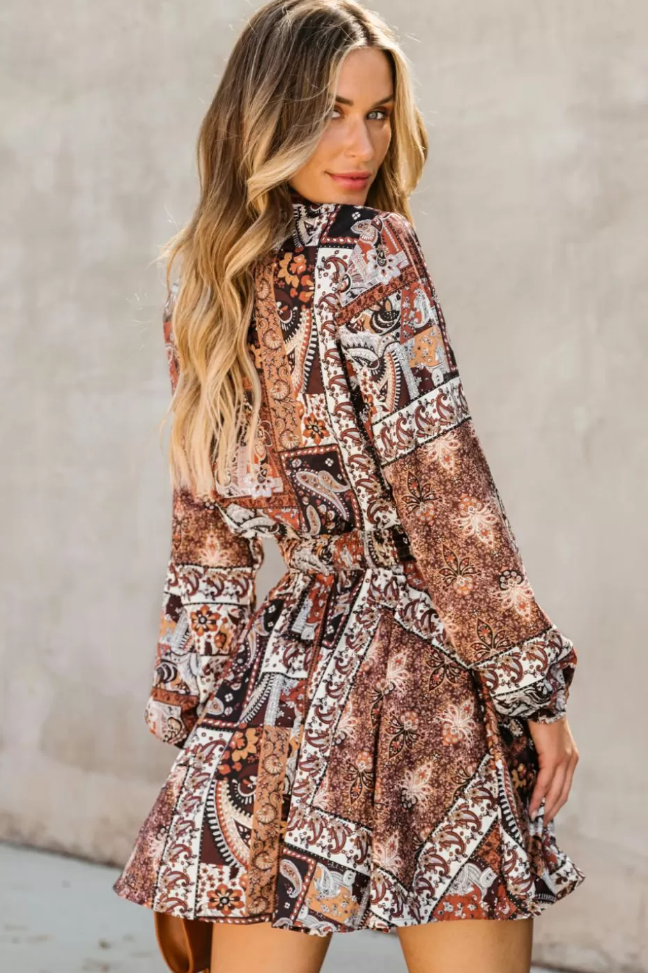 Clearance Cupshe Patchwork Paisley Tie Neck Mini Dress Brown